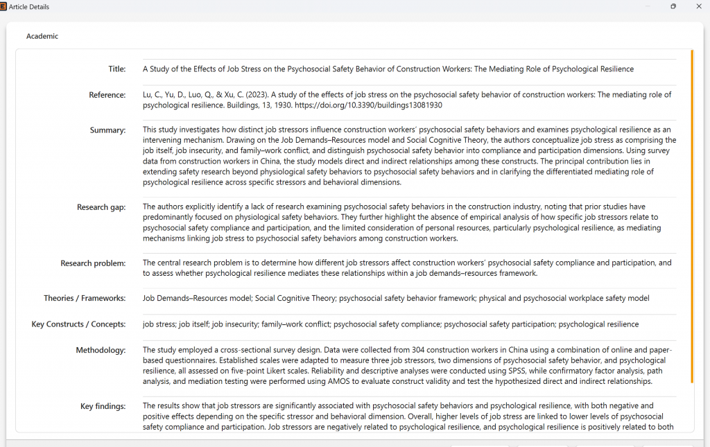 Article Details card - AI extracted summary, gap, methodology and findings