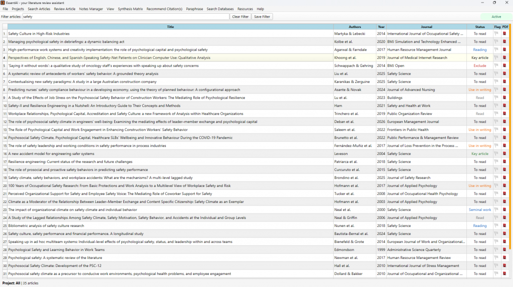 Article library - 35 articles with colour-coded status labels