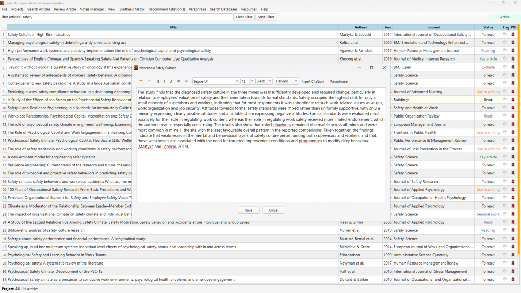 Notebook editor - notes with automatic citation insertion