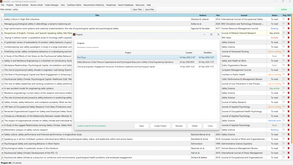 Projects window - organise work across multiple research topics